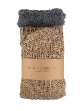 Bickley + Mitchell Knit Slipper Socks in Sand with Gray Faux Fur Lining One Size